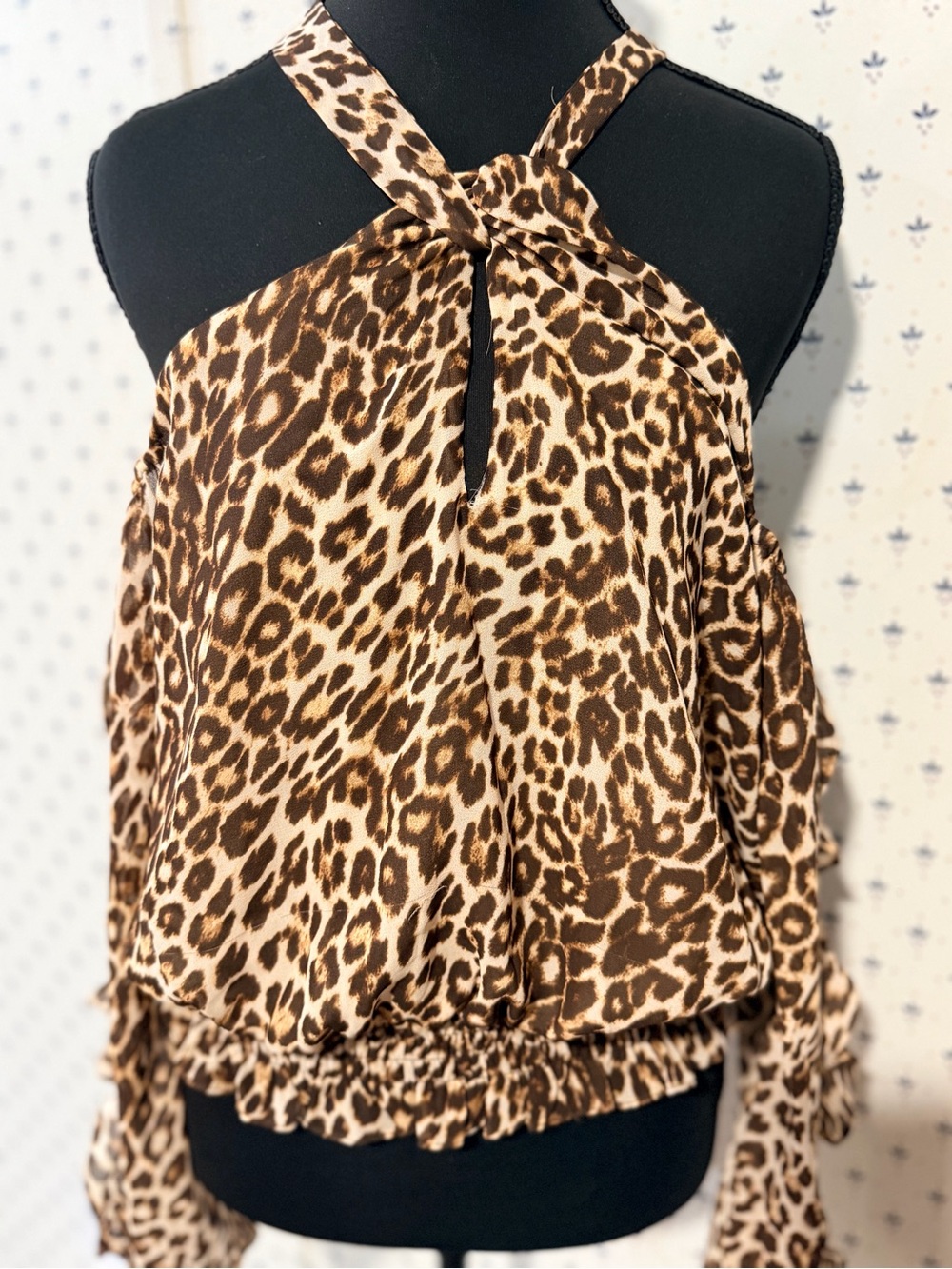 Guess Leopard Print Cold Shoulder Halter Long Sleeve Blouse Top NWT Small